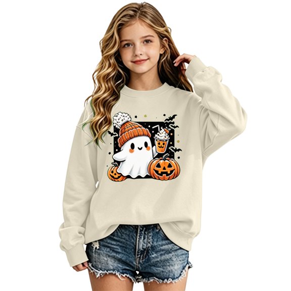 Kiijoy Toddler Girls Halloween Sweatshirt Cute Graphic Crewneck Pullover Top, Beige, Sizes 2-3T