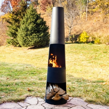 Sunnydaze 59" Black Finish Steel Outdoor Chiminea Fire Pit with Built-In Log Holder