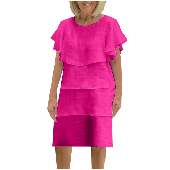 asdoklhq Elegant Dresses for Women Casual Solid Color Shawl Round Neck Round Neck Dress Hot Pink 4X