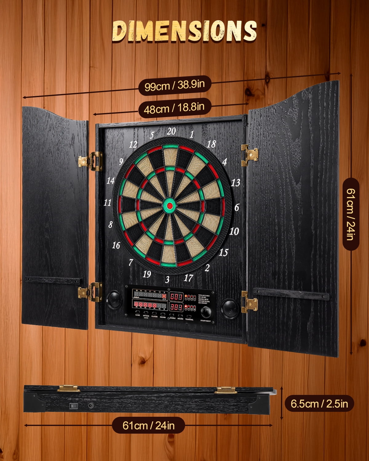Yirinatek Electronic Dart Board, Decorative Dart Board Cabinet Set for Adults [12*Bronze Soft Tip Darts] [Cricket Game Mode]- Wooden Electric Dartboard Cabinet for Family Game Rooms [Black]