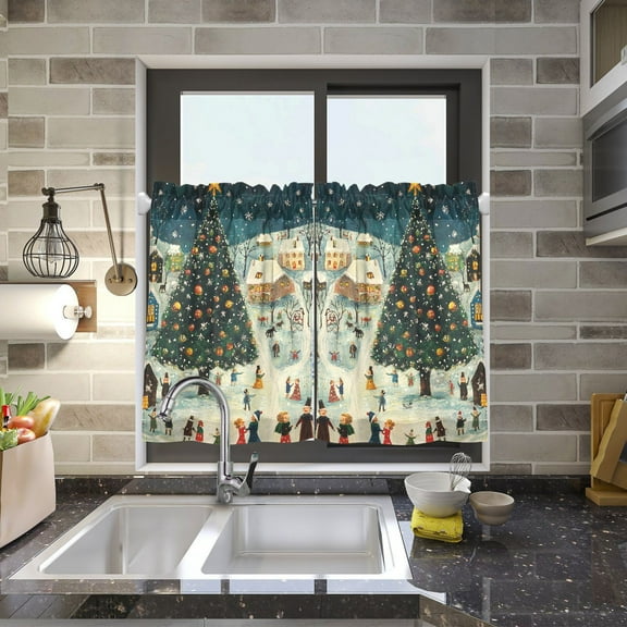 Christmas People Houses Kitchen Curtains Half Tier Curtain 2 Rod Pockets Bathroom Bedroom Cupborad Living Room 27"x24"