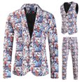 thumbnail image 3 of Traje navideño de 3 piezas para hombre, con estampado de copos de nieve y muñeco de nieve, traje informal de manga larga, chaqueta de un solo pecho, pantalones y chaleco, conjunto para Navidad, 3 of 5