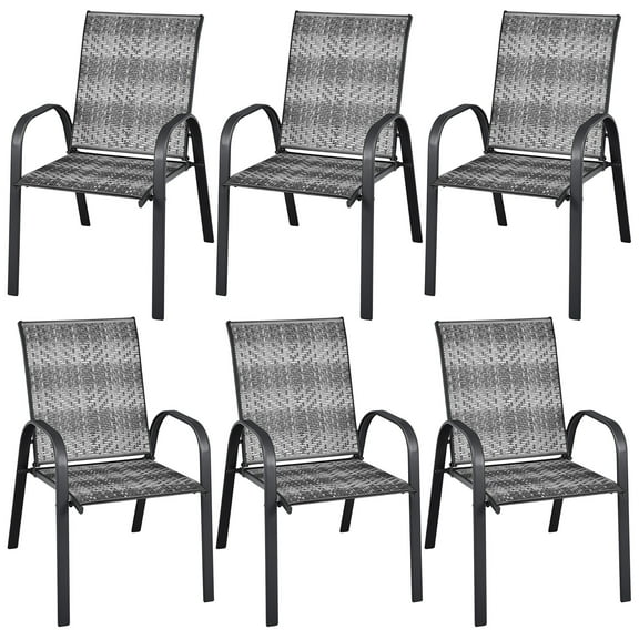 Gymax 6PCS Patio PE Wicker Arm Chairs Outdoor Dining Stacking Chairs Mix Grey