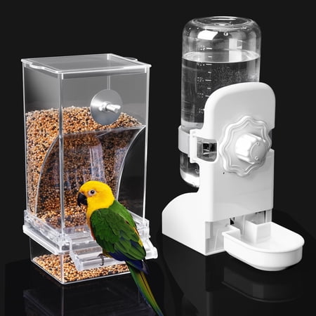 No Mess Bird Feeder Water Dispenser Set, Clear & White Parakeet Cage Accessories, Bird Feeder and Waterers in Cage for Cockatiels, Finches, Lovebirds, Budgies, Canaries