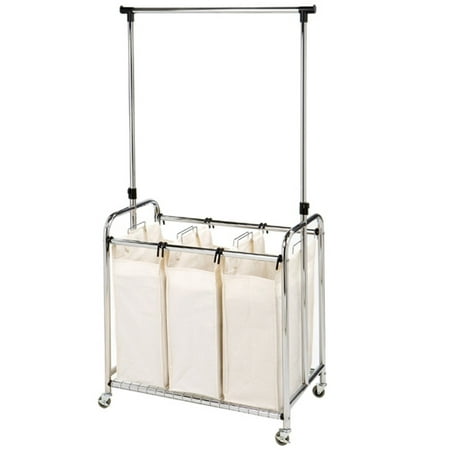 Seville Classics Mobile 3-Bag Heavy-Duty Metal Laundry Sorter, Silver and Beige
