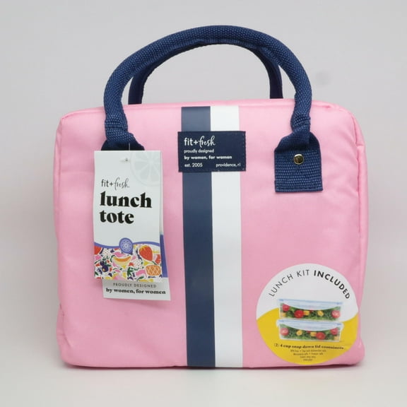 Fit & Fresh Bloomington Lunch Bag Kit for Women – Pink with Blue and White Stripes – Insulated Tote with 2 BPA-Free Food Containers – Stylish & Durable for Work, Office, Travel or Picnic