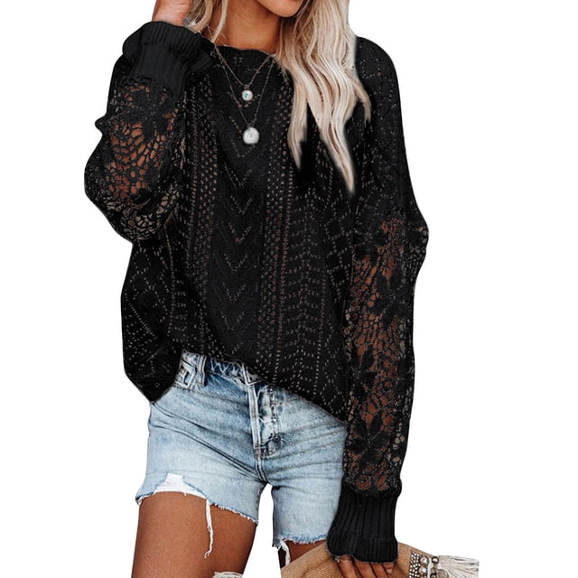 Mujeres crochet suéter crewneck knit floral patrón de manga larga color puro para las mujeres oficina en casa