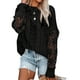 thumbnail image 1 of Suéter de ganchillo para mujer, cuello redondo, estampado floral, manga larga, color puro para oficina en casa, negro L, 1 of 5