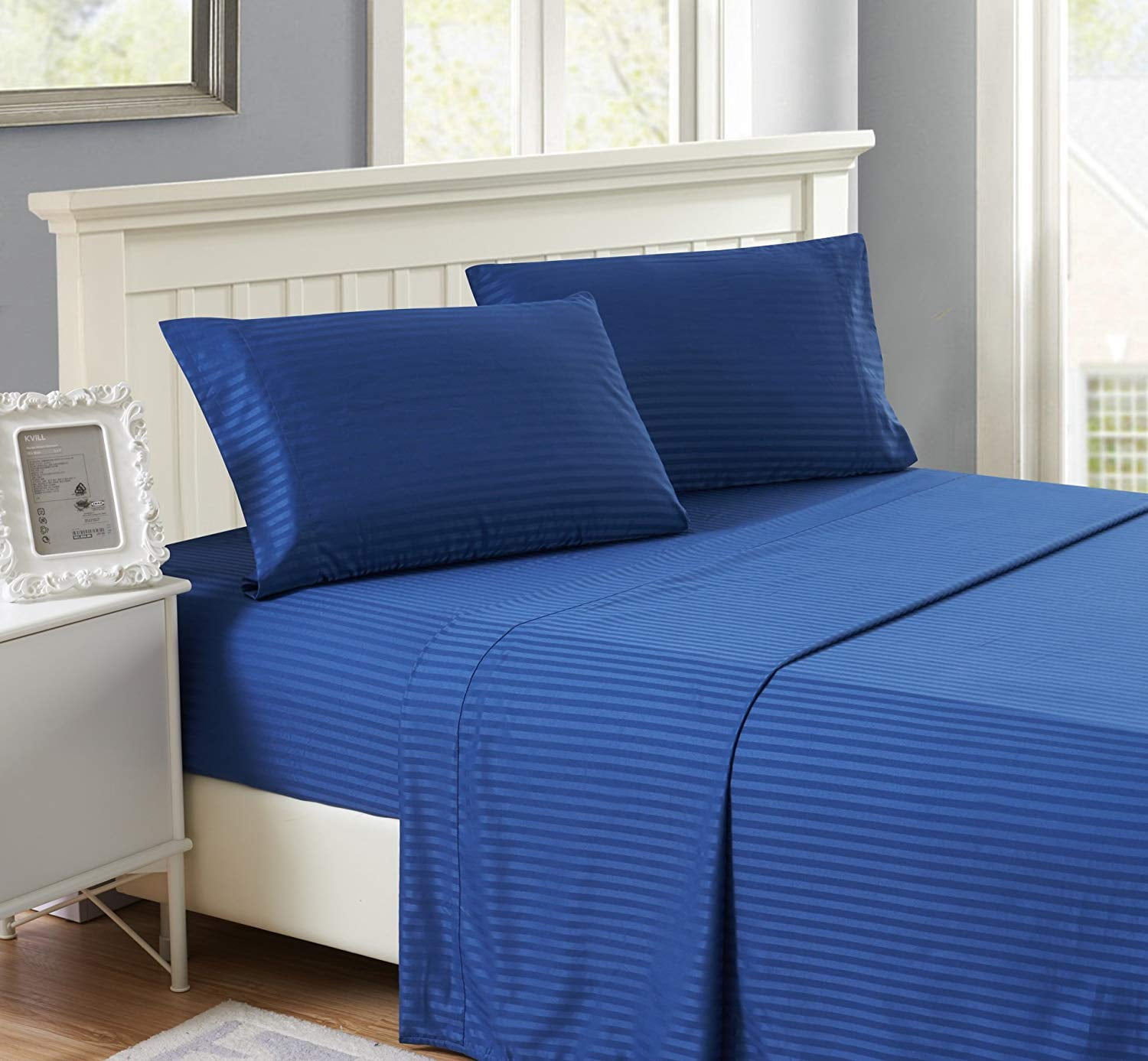 Lux Decor Collection Stripes Bed Sheet Set (King, Navy Blue), 4 Piece