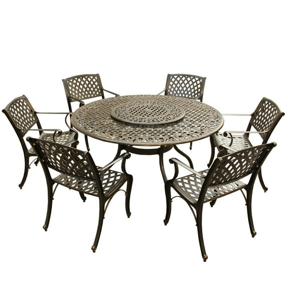 CC Outdoor Living 7-Piece Bronze Mesh Lattice Round Aluminum Patio Dining Set