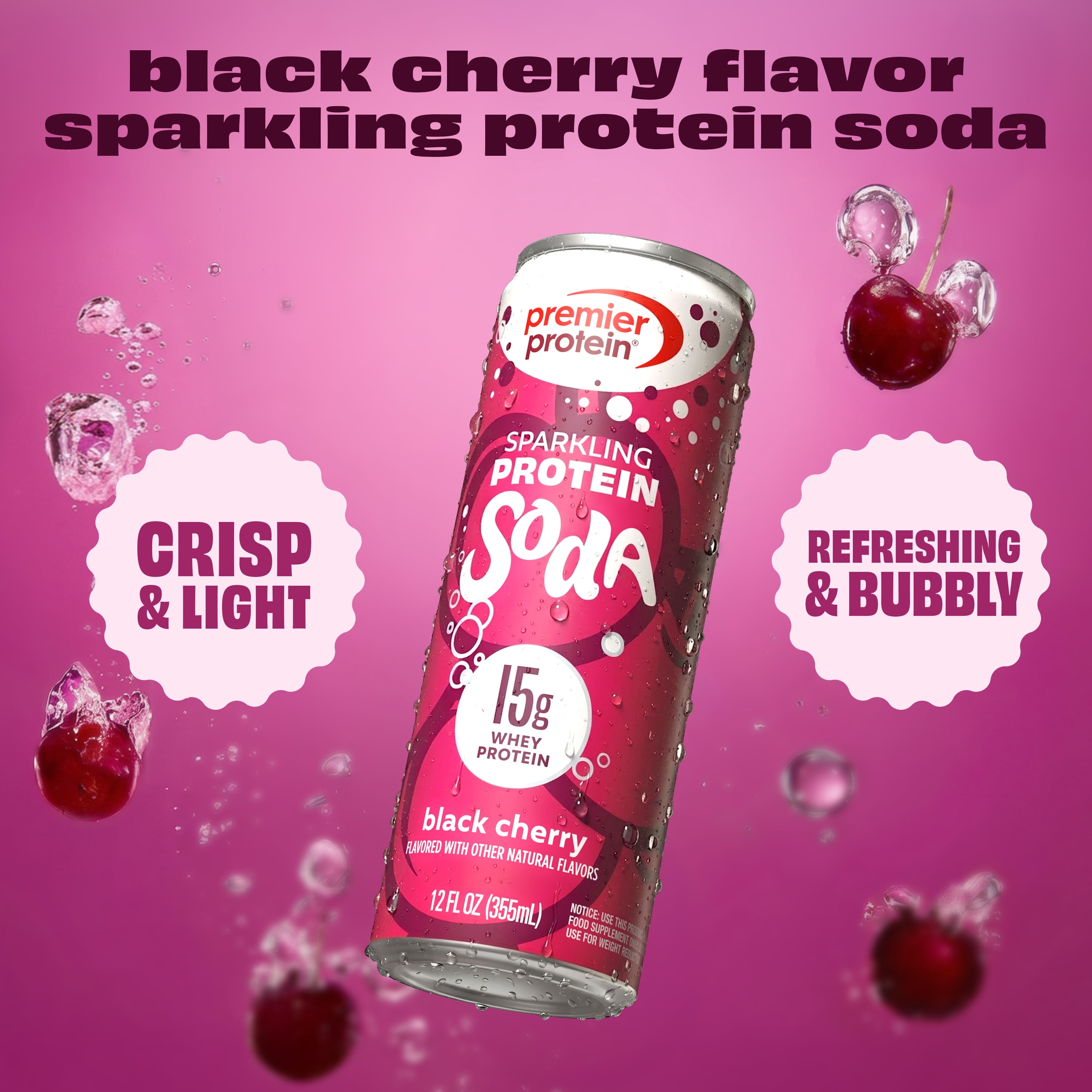 Premier Protein, Sparkling Protein Soda, 15g Protein, Black Cherry, 12 Fl Oz, 4 Ct