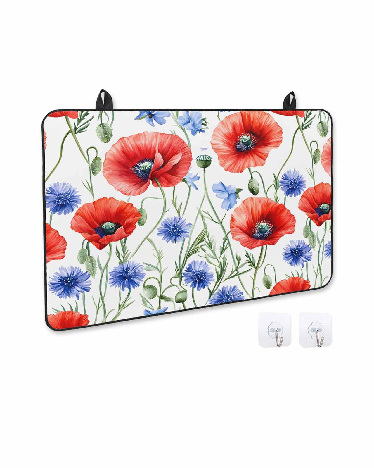 nqOlkjepod Large Induction Cooktop Protector Mat 24"x21", Red Poppy Floral Stove Top Covers for Electric Stove, Summer Wildflowers Blue Garden Stove Burner Cover Mats, Glass Top Stove Cover