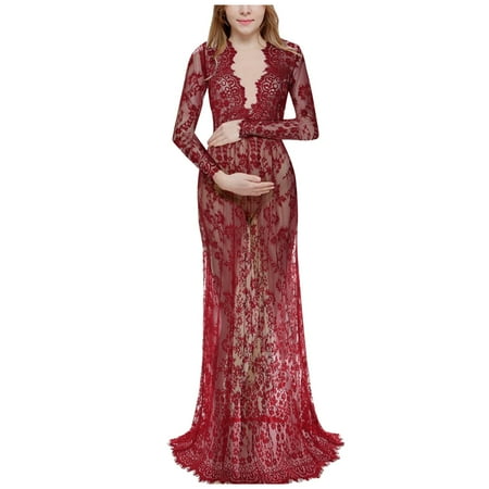 

GWAABD Modest Chiffon Dress V Pregnant Maternity Dress Fashion Neck Sleeve Evening Lace Photography Maxi Women Long Women s Dress