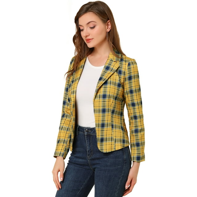 Chaqueta Blazer Allegra K Cuadros Amarillos S para Mujer