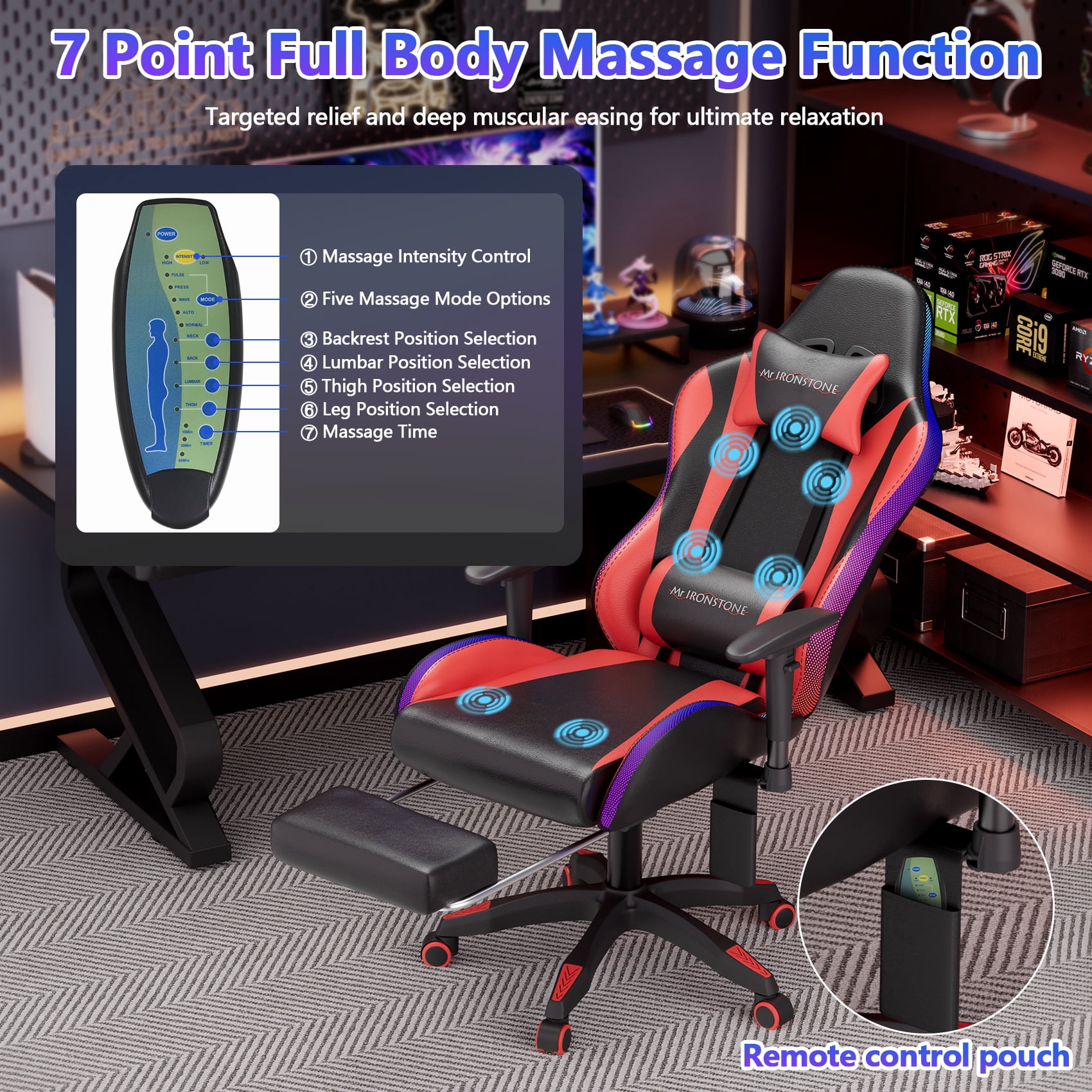 Mr IRONSTONE Gaming Chair for Adults, 7 Point Massage Computer Chair with Bluetooth Speakers RGB, Heavy Duty 400lbs Ergonomic PC Chair with 3D Armrests Footrest, Red/Black