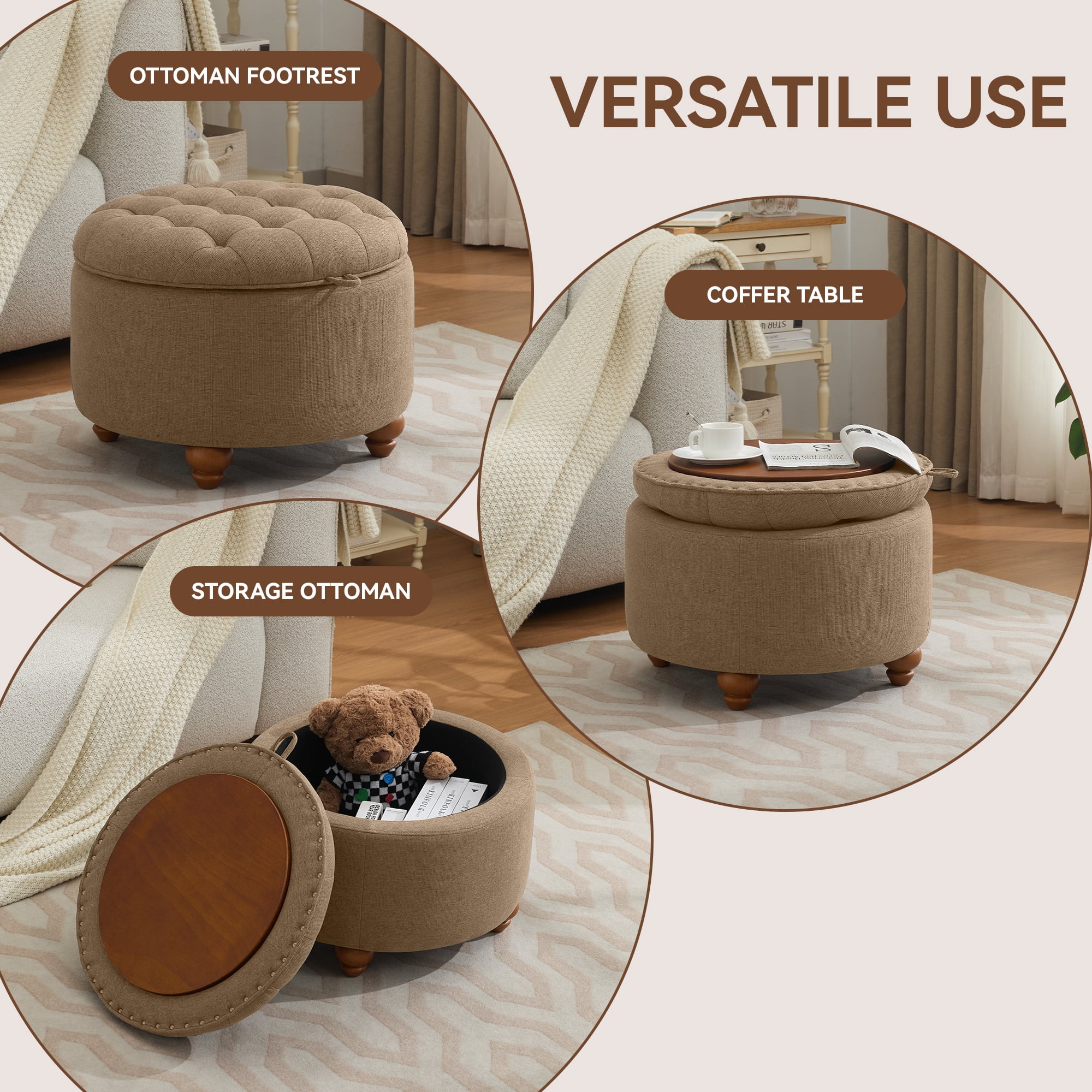 24'' Round Ottoman with Storage, Modern Tufted Fabric Storage Ottoman with Removable Top for Living Room, Bedroom, Brown