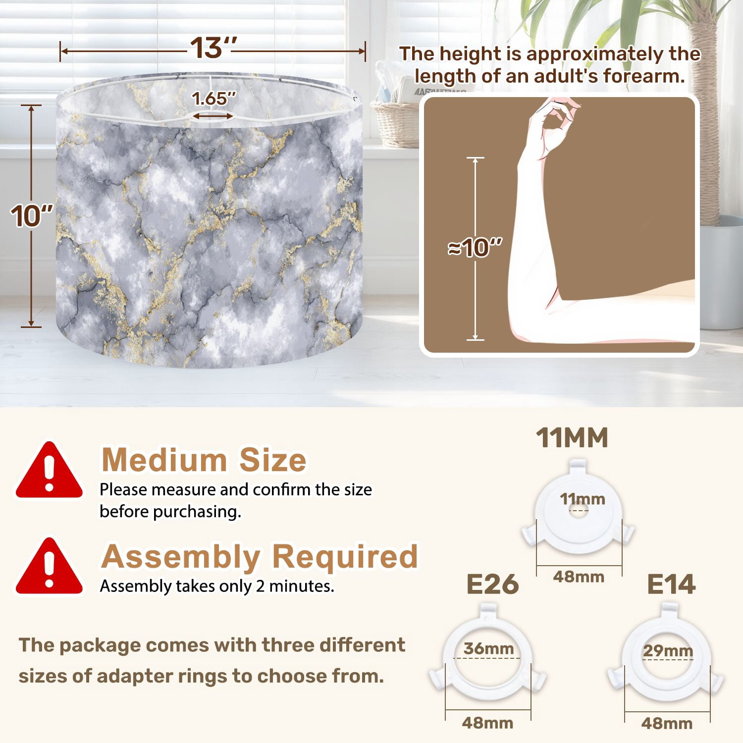 Drum Lampshades 13"x13"x10" Grey Water Color Marble Grey Luxury Silver Water Color Light Shade for Table Lamps Floor Lamp Shades Replacement Assembly Required