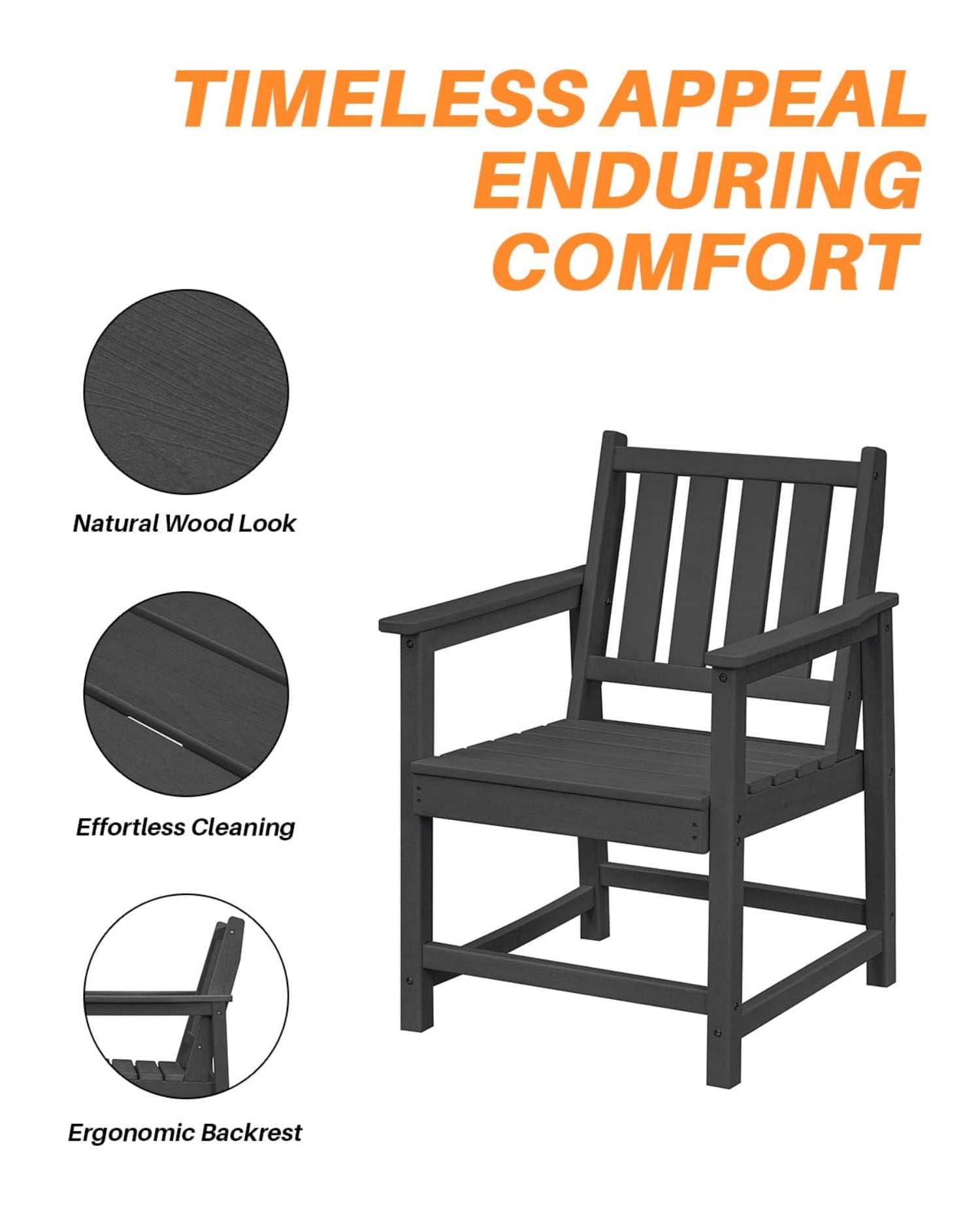 HDPE Dining Chair Set of 4, All Weather Outdoor Dining Chairs with Ergonomic Backrest, Heavy Duty Patio Chairs for Backyard, Garden, Poolside, Deck, Obsidian