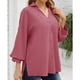 thumbnail image 3 of Camisa de mujer con cuello en V, mangas abullonadas, botones, color morado y rojo, largo tres cuartos, talla M, 3 of 6