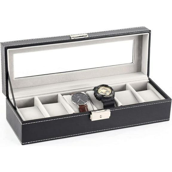 6-Compartment Men's Watch Box, Black Watch Display Stand, Dustproof Storage Box with Glass Lid, Jewelry Storage Box, Valentine's Day & Christmas Gift