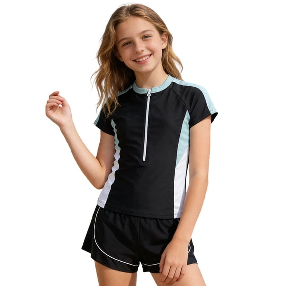 JAJAHO Girls Two Piece Tankini Set Summer Short Sleeve Rash Guard Swimsuit Top And Swim Shorts For Kids 8-15 Years Trendy Swimwear