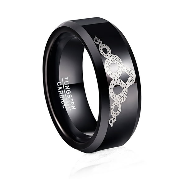 JQUEEN Men's 8mm Black Tungsten Polished Engagement Rings Laser Snake Pattern Wedding Ring Size 7-12