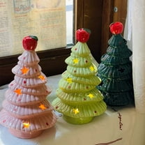Mini Ceramic Christmas Tree With LED Night Light Battery Operated Vintage Lighted Christmas Tree with Apples Star Toppers Desktop Ornaments for Home Table Holiday Decoration Christmas Gift