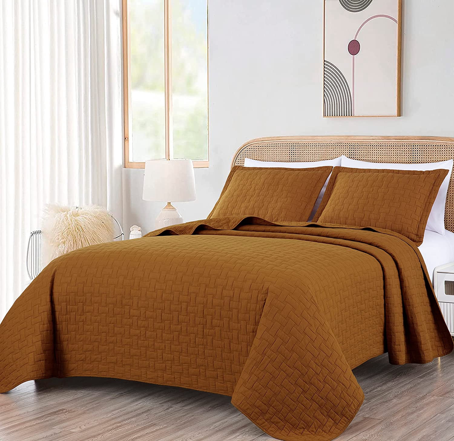 Chezmoi Collection Vert 3-Piece 100% Cotton Quilt Set Queen Size, Spice, Modern Basketweave Stitched Quilt Lightweight Washed Cotton Bedspread for All Season
