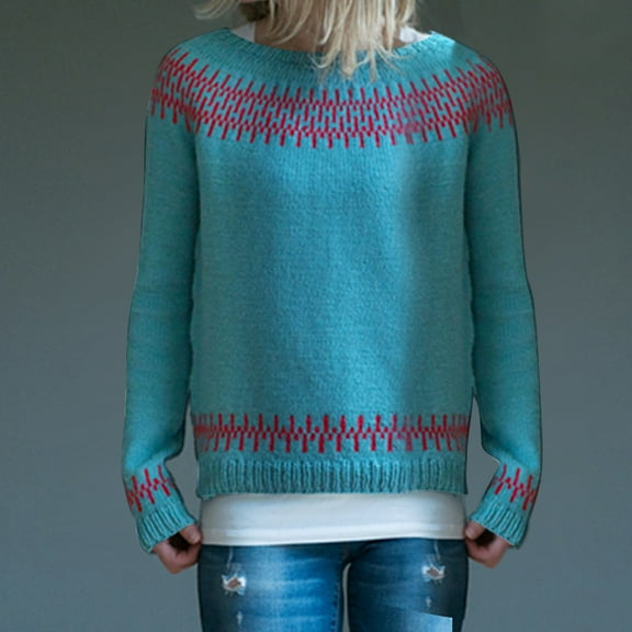 Herrnalise Women's Long Sleeve Oversized Crew Neck Solid Color Knit Pullover Sweater Tops Sweater Top Coat Blue,L