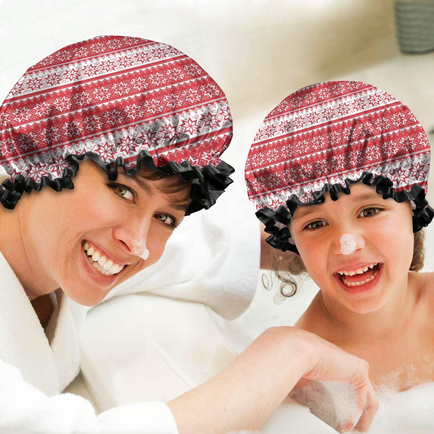 Shower Caps,Red Christmas Geometric Snowflake Pattern Waterproof Shower Cap for Women 4 Pieces,Double Reusable Hair Cover for Shower PEVA Elastic Stretch Hem