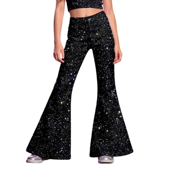 Afdoent Girls Pants Sequin Flare Pants High Waist Bell Bottoms Performance Dance Pants for Kids Stage Shows Party Wear Streetwear 5-6 Years
