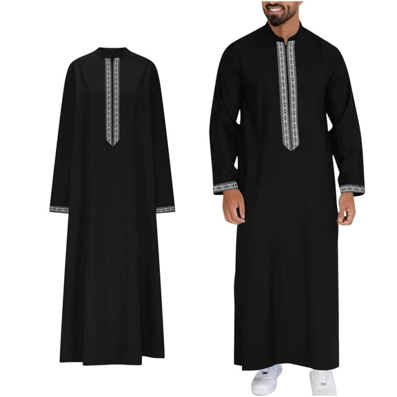 Thobes Men Muslim Long Sleeve Zipper Thobe Casual Henley Shirts Embroidered Thobe Ramadan Gifts Men's Robe