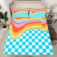 thumbnail image 2 of Homewish Blue Square Buffalo Twin Sheet Sets for Kids, Kawaii Rainbow Line Twin Fitted Sheet, Cute Cartoon Checkered Flat Sheet, Lightweight Room Decor, 3 Pieces, 2 of 7