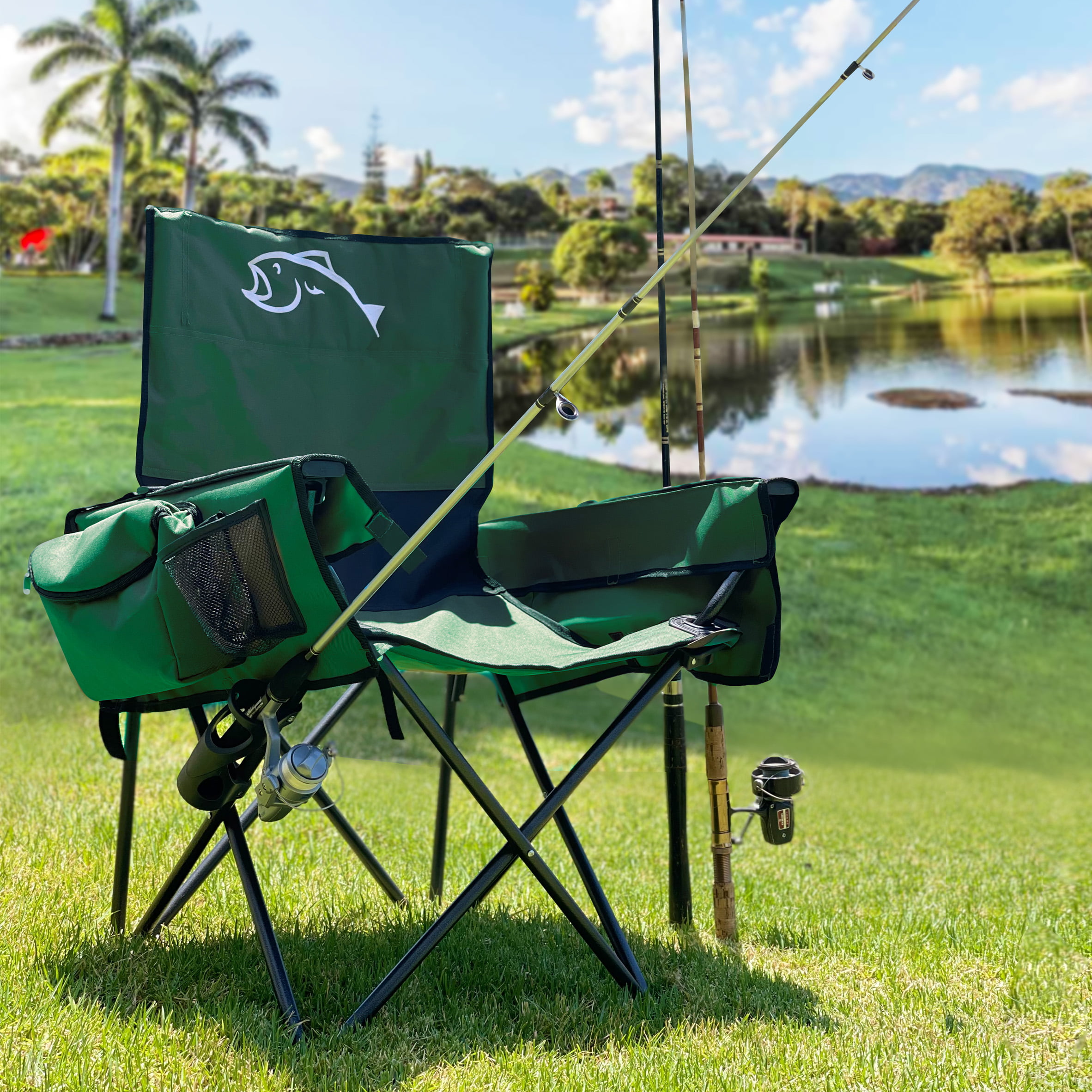 Fishing Chair with Rod Holder Built In Cooler Hands Free Fishing Pole  Holder - Storage Pouch Storage Bag for Fishing Accessories Full Size  Portable 