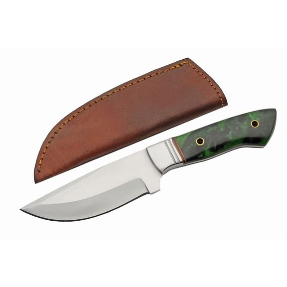 SZCO 9 Inch Emerald Wave Hunter Knife Full Tang Stainless Steel Blade Green Resin Handle With Leather Sheath Outdoor Knife