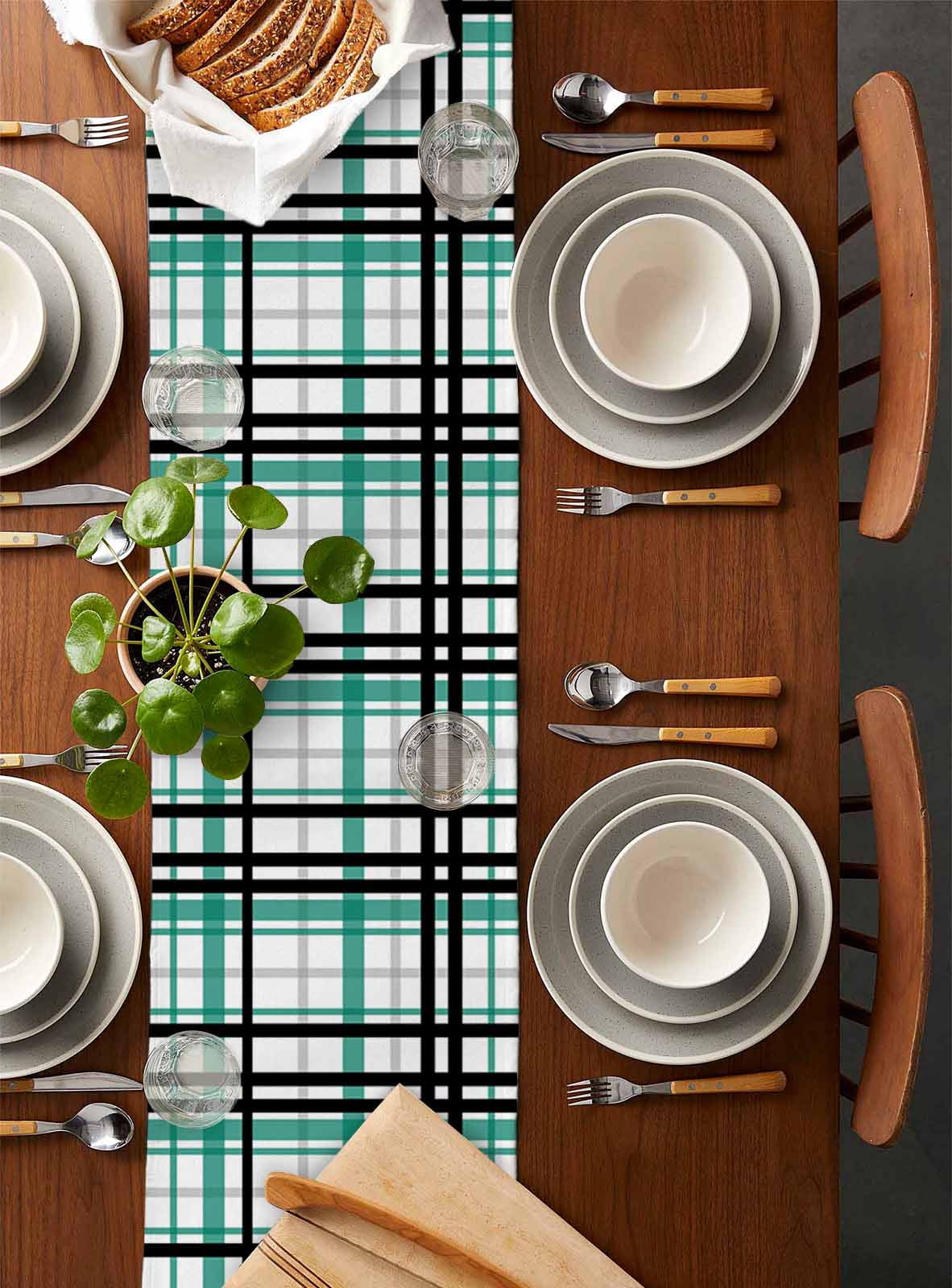 Ldtrchee Teal Black Plaid Table Runner 36 Inches, Farmhouse Teal Black Checkered Bed Runner Dresser Scarves Tabletop for Indoor Outdoor Parties/Ceremony/Banquet, 13"x 36"
