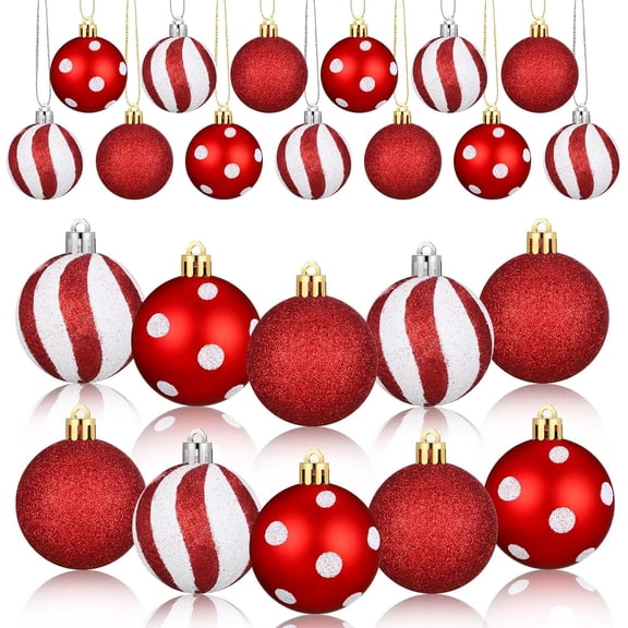24 Pcs Red and White Ornaments Peppermint Christmas Balls 2.4 in Shatterproof Ornaments with Peppermint Candy, Polka Dot and Stripe Designs for Xmas Trees, Wreaths, Party Decor