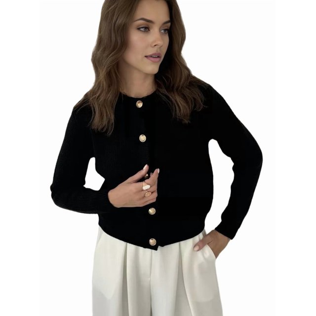Cárdigan Corto Informal de y Otoño para Mujer, con Botones Al Frente, de Rayas de Color Liso, de Larga, Suéteres. Negro L