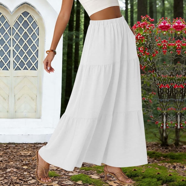 TaTaai Women's Summer Solid Color High Waist Pleated Maxi Half Skirt Casual Elegant Flowy Skirt with Pockets and Waist Belt Gift