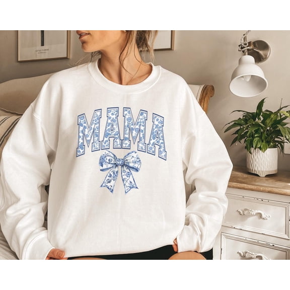 Tee Clo Mama Coquette Bow Sweatshirt Blue Toile De Jouy Chinoiserie Floral Outfit, Full size S-5XL