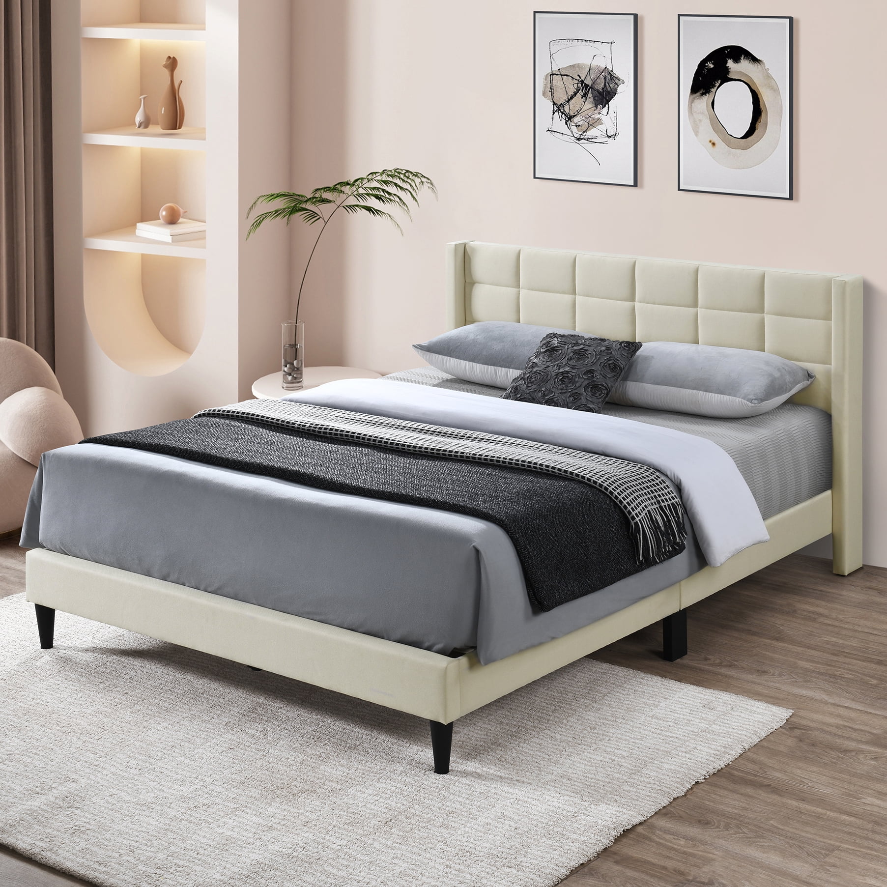 Alexent Full Size Upholstered Bed Frame | Linen Headboard, Metal & Solid Wood Construction, Sturdy & Comfortable Bed for Bedroom Dark | Beige