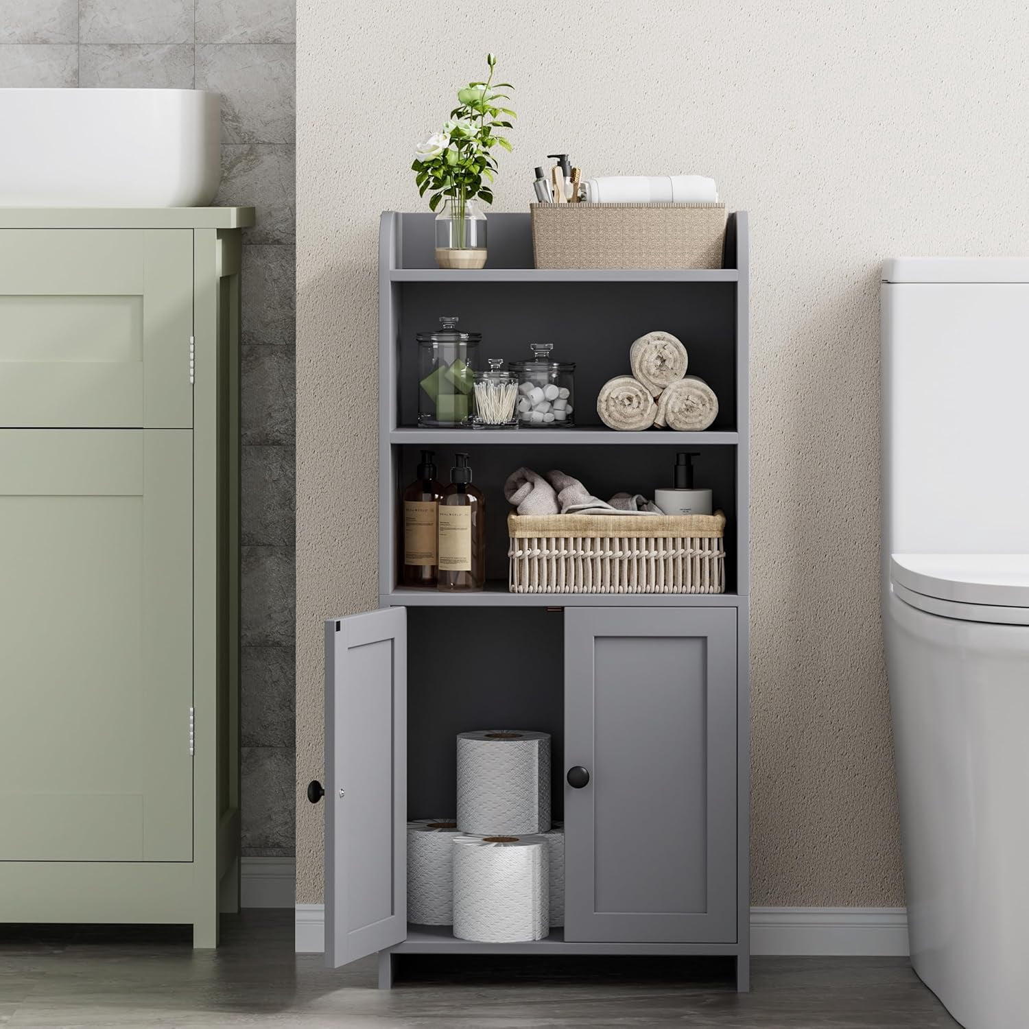Small Bathroom Storage Cabinet, Freestanding Toilet Paper Storage with 2 Doors and Shelves, Bathroom Organizers and Storage for Small Spaces, laundry room, 7.9" D x 14.6" W x 31" H, Gray