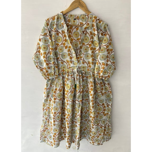 indigo blue floral printed cotton long summer maxi dress - 3/4th sleeve with buttons bohemian maxi dress - Henley neckline with cotton ties