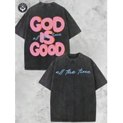 Graphic Tees Men, 230g Heavyweight Washed Cotton Crew Neck T-Shirt With God Is Good Double-Sided Vintage Distressed Pattern, Unisex, Relaxed, Streetwear, Easter, Free Shipping