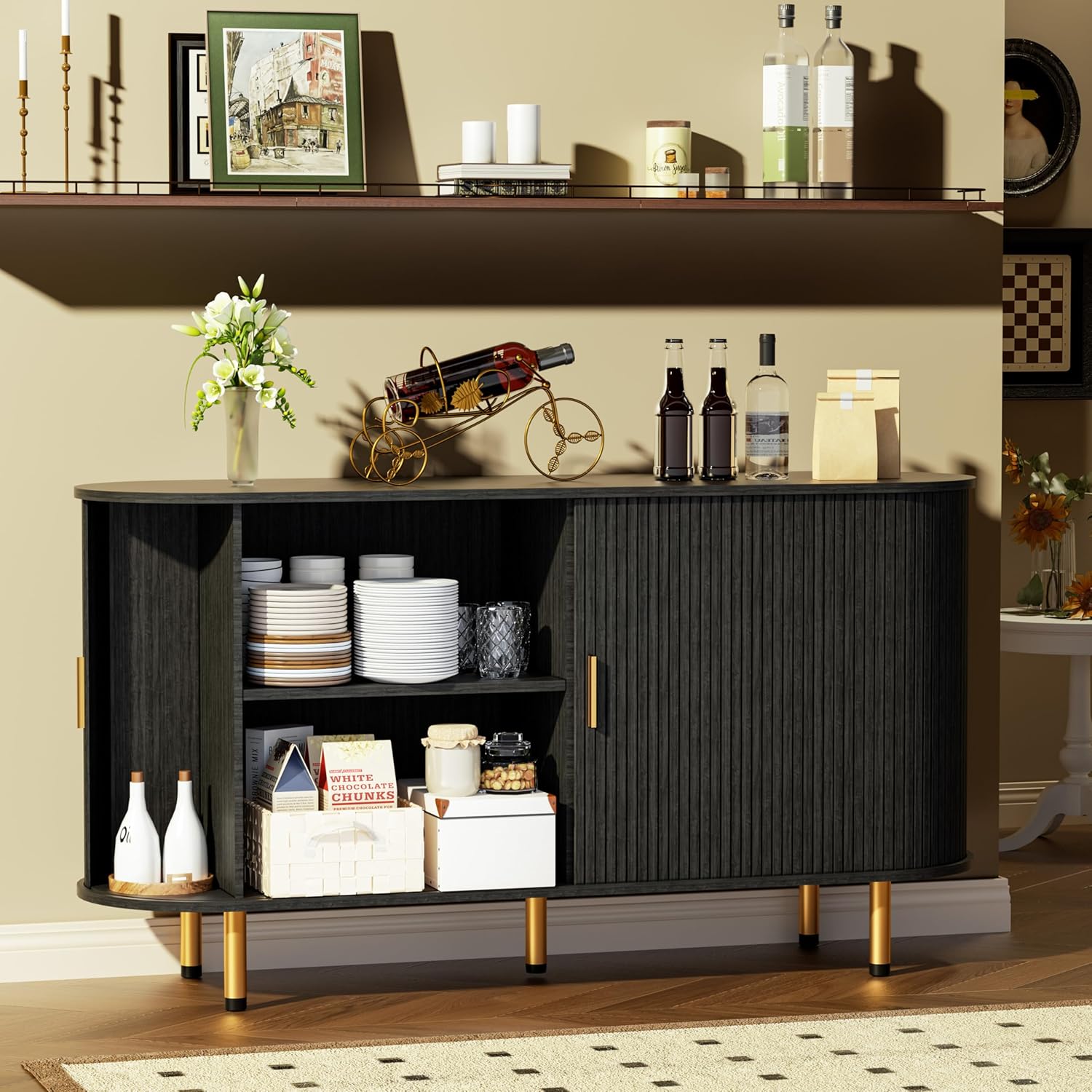 Sideboard Buffet Cabinet with Storage, 55" Mid Century Modern Fluted Accent Coffee Bar Console Table with Tambour Sliding Doors & Adjustable Shelf for Kitchen, Living Room, Entryway (Black)