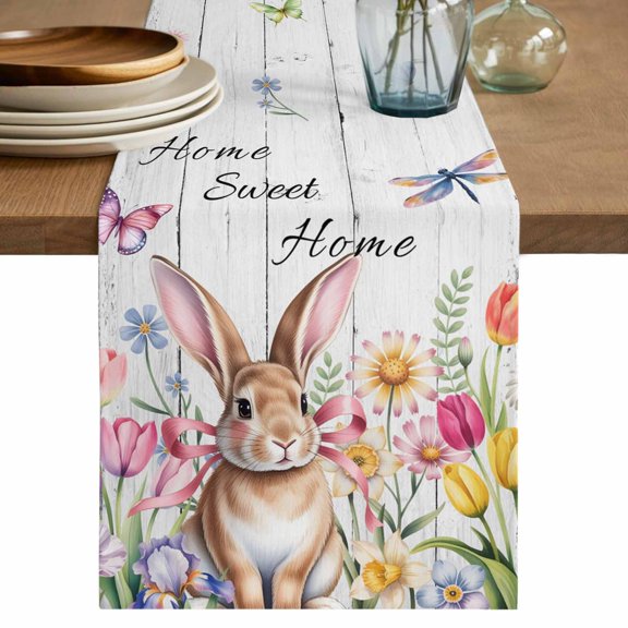 Grey Easter Table Runner 70 Inches, Spring Watercolor Tulip Flower Plant Wood Grain Bed Runner Dresser Scarves Tabletop for Indoor Outdoor Parties/Ceremony/Banquet, 13" x 70"