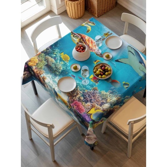 Turtle Tablecloth Square Table Cloth 54x54, Waterproof Outdoor Table Cloth Covers Decorative Table Protector, Shark Ocean Coral Underwater Scenery Sea Washable Table Cover for Kitchen Dinning Party
