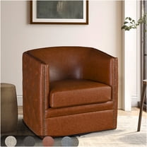 JERFIT Brown Faux Leather Swivel Barrel Chair with Tufted Back and Nailhead Trim for Living Room