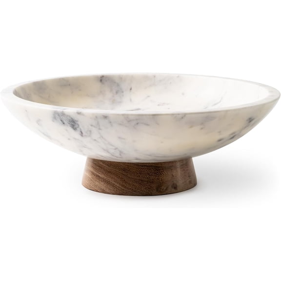 Marble Decorative Bowl for Home Decor - Handcrafted Natural Stone with Acacia Wood Pedestal - Versatile 11" Catch All for Entryway, Kitchen Fruit Bowl, Potpourri, Dining Table Centerpiece