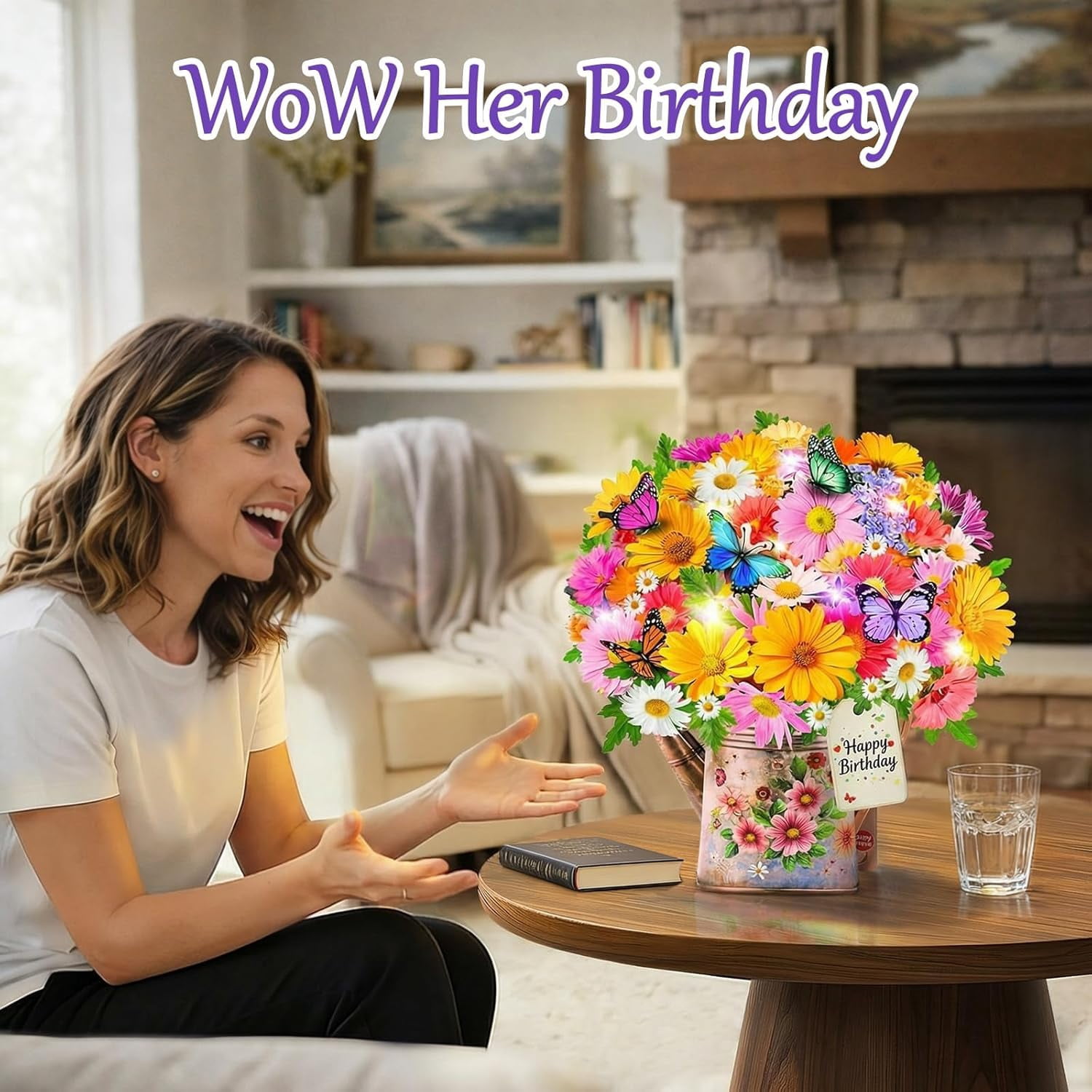 Gerbera Daisy and Butterflies Birthday Cards with Light Music, Forever Flower Bouquet Happy Card, 10 Inch Life Sized , 3D Pop Up Gift Card for Women Wife Daughter Mom Sister